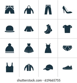 Clothes Icons Set. Collection Of Heel Footwear, Sarafan, Casual And Other Elements. Also Includes Symbols Such As Shorts, Heel, Wear.