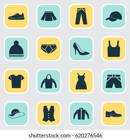 Clothes Icons Set. Collection Of Heel Footwear, Elegant Headgear, Elegance And Other Elements. Also Includes Symbols Such As Jacket, Clothes, Leggings.