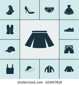 Clothes Icons Set. Collection Of Heel Footwear, Singlet, Sarafan And Other Elements. Also Includes Symbols Such As Sweatshirt, Visor, Half-Hose.