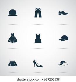 Clothes Icons Set. Collection Of Heel Footwear, Sarafan, Pants And Other Elements. Also Includes Symbols Such As Visor, Skirt, Dress.