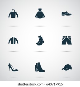 Clothes Icons Set. Collection Of Heel Footwear, Trunks Cloth, Elegance And Other Elements. Also Includes Symbols Such As Socks, Sweatshirt, Shoe.