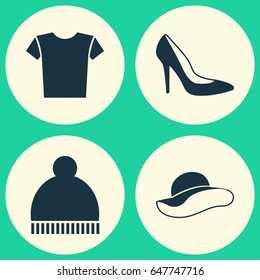 Clothes Icons Set. Collection Of Heel Footwear, Casual, Elegant Headgear And Other Elements. Also Includes Symbols Such As Shoe, Beanie, Shirt.