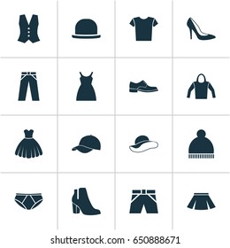 Clothes Icons Set. Collection Of Heel Footwear, Beanie, Trilby And Other Elements. Also Includes Symbols Such As Sarafan, Hoodie, Fedora.