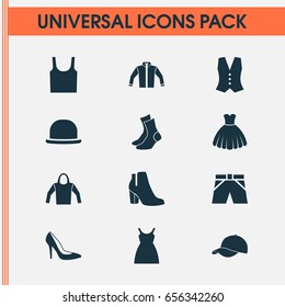 Clothes Icons Set. Collection Of Heel Footwear, Dress, Sarafan And Other Elements. Also Includes Symbols Such As Shoe, Shorts, Visor.