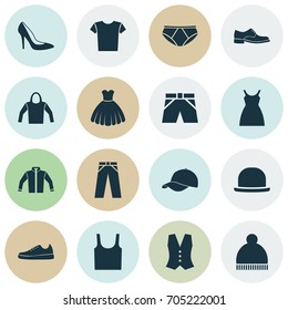 Clothes Icons Set. Collection Of Heel Footwear, Sneakers, Dress And Other Elements. Also Includes Symbols Such As Underpants, Singlet, Heel.
