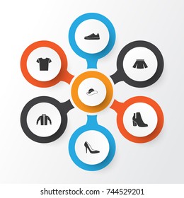 Clothes Icons Set. Collection Of Heel Footwear, Stylish Apparel, Cardigan And Other Elements. Also Includes Symbols Such As Shoe, Heel, Footwear.
