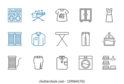 clothes icons set. Collection of clothes with laundry, washing machine, shirt, skirt, thread, trousers, iron table, dress, closet, tshirt. Editable and scalable clothes icons.