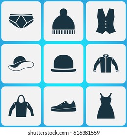 Clothes Icons Set. Collection Of Panama, Elegant Headgear, Beanie And Other Elements. Also Includes Symbols Such As Clothes, Cardigan, Hoodie.