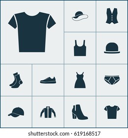 Clothes Icons Set. Collection Of Panama, Singlet, Elegant Headgear And Other Elements. Also Includes Symbols Such As Boots, Trilby, Female.