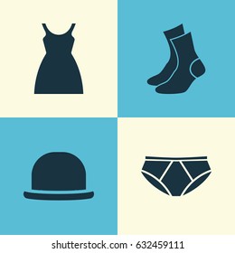 Clothes Icons Set. Collection Of Panama, Briefs, Half-Hose And Other Elements. Also Includes Symbols Such As Sundress, Pants, Panama.