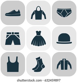 Clothes Icons Set. Collection Of Panama, Sneakers, Sarafan And Other Elements. Also Includes Symbols Such As Cloth, Shoes, Socks.