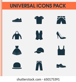 Clothes Icons Set. Collection Of Panama, Pants, Heel Footwear And Other Elements. Also Includes Symbols Such As Singlet, Sneakers, Shoe.