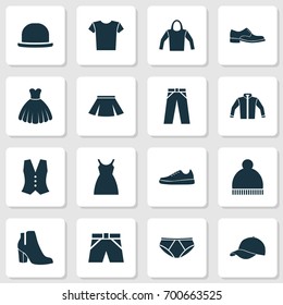 Clothes Icons Set. Collection Of Panama, Sneakers, Sarafan And Other Elements. Also Includes Symbols Such As Clothes, Fedora, Cardigan.