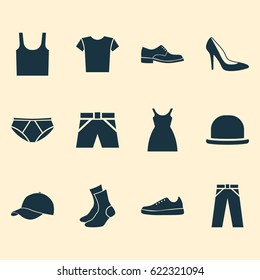 Clothes Icons Set. Collection Of Pants, Dress, Trilby And Other Elements. Also Includes Symbols Such As Socks, Shoes, Trunks.