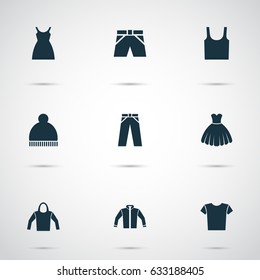 Clothes Icons Set. Collection Of Pants, Singlet, Sarafan And Other Elements. Also Includes Symbols Such As Jacket, Ski, Sweatshirt.