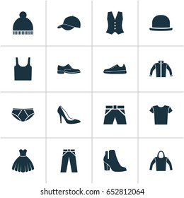 Clothes Icons Set. Collection Of Pants, Heel Footwear, Elegance And Other Elements. Also Includes Symbols Such As Tank, Jacket, Vest.