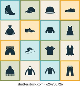Clothes Icons Set. Collection Of Sarafan, Elegance, Dress And Other Elements. Also Includes Symbols Such As Trousers, Male, Sneakers.