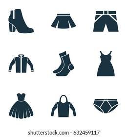 Clothes Icons Set. Collection Of Sarafan, Sweatshirt, Dress And Other Elements. Also Includes Symbols Such As Cloth, Socks, Hoodie.