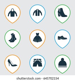 Clothes Icons Set. Collection Of Sarafan, Female Winter Shoes, Beanie And Other Elements. Also Includes Symbols Such As Heel, Sundress, Male.