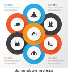 Clothes Icons Set. Collection Of Sarafan, Elegant Headgear, Singlet And Other Elements. Also Includes Symbols Such As Elegant, Headgear, Visor.