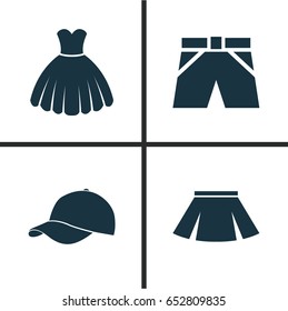 Clothes Icons Set. Collection Of Sarafan, Trunks Cloth, Stylish Apparel And Other Elements. Also Includes Symbols Such As Cap, Sarafan, Sundress.