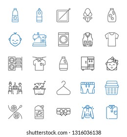 clothes icons set. Collection of clothes with shirt, hoodie, garter, detergent, sewing, laundry, shorts, hanger, korean, baby, closet, washing machine. Editable and scalable clothes icons.