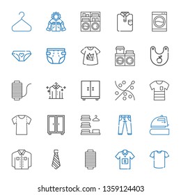 Clothes Icons Set. Collection Of Clothes With Shirt, Football Jersey, Thread, Tie, Iron, Jeans, Laundry, Closet, Sewing, Bib, Washing Machine. Editable And Scalable Clothes Icons.