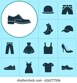 Clothes Icons Set. Collection Of Singlet, Panama, Half-Hose And Other Elements. Also Includes Symbols Such As Tank, Sleeveless, Pants.