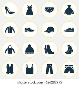 Clothes Icons Set. Collection Of Singlet, Dress, Female Winter Shoes And Other Elements. Also Includes Symbols Such As Tank, Trilby, Male.