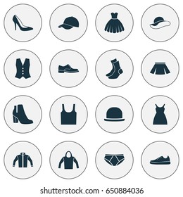 Clothes Icons Set. Collection Of Singlet, Elegance, Heel Footwear And Other Elements. Also Includes Symbols Such As Visor, Cap, Wear.