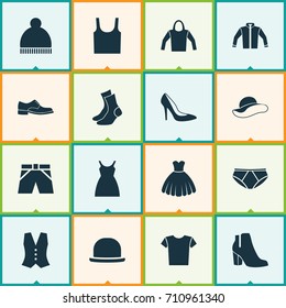 Clothes Icons Set. Collection Of Singlet, Female Winter Shoes, Heel Footwear And Other Elements. Also Includes Symbols Such As Footwear, Half-Hose, Dress.