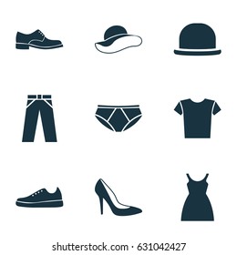 Clothes Icons Set. Collection Of Sneakers, Heel Footwear, Panama And Other Elements. Also Includes Symbols Such As Casual, Leggings, Trousers.