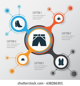 Clothes Icons Set. Collection Of Stylish Apparel, Female Winter Shoes, Sweatshirt And Other Elements. Also Includes Symbols Such As Skirt, Vest, Cloth.