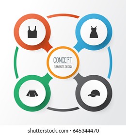 Clothes Icons Set. Collection Of Stylish Apparel, Trilby, Dress And Other Elements. Also Includes Symbols Such As Singlet, Sarafan, Sundress.