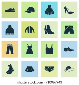 Clothes Icons Set. Collection Of Stylish Apparel, Beanie, Sneakers And Other Elements. Also Includes Symbols Such As Shorts, Jacket, Footwear.