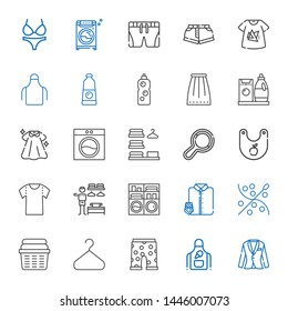 clothes icons set. Collection of clothes with suit, apron, swim suit, hanger, laundry, sewing, suit and tie, washing machine, dressing room. Editable and scalable clothes icons.