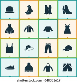 Clothes Icons Set. Collection Of Sweatshirt, Trunks Cloth, Half-Hose And Other Elements. Also Includes Symbols Such As Sarafan, Pants, Sundress.