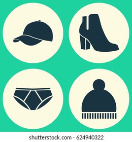 Clothes Icons Set. Collection Of Trilby, Female Winter Shoes, Briefs And Other Elements. Also Includes Symbols Such As Boots, Trilby, Pompom.