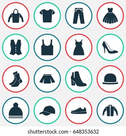 Clothes Icons Set. Collection Of Trilby, Sneakers, Casual And Other Elements. Also Includes Symbols Such As Pompom, Heel, Singlet.