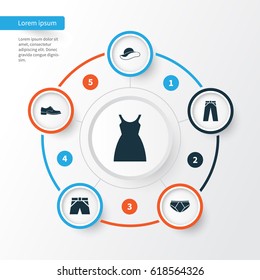Clothes Icons Set. Collection Of Trunks Cloth, Briefs, Dress And Other Elements. Also Includes Symbols Such As Headgear, Footwear, Briefs.
