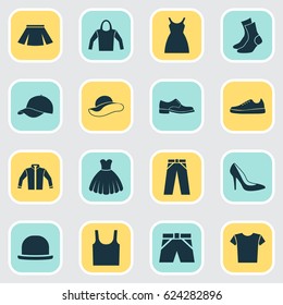 Clothes Icons Set. Collection Of Trunks Cloth, Sneakers, Elegance And Other Elements. Also Includes Symbols Such As Shoe, Sweatshirt, Gumshoes.