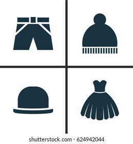 Clothes Icons Set. Collection Of Trunks Cloth, Beanie, Panama And Other Elements. Also Includes Symbols Such As Beanie, Cloth, Trunks.