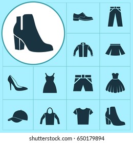 Clothes Icons Set. Collection Of Trunks Cloth, Pants And Other Elements. Also Includes Symbols Such As Heel, Hoodie, Sundress.