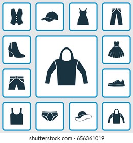Clothes Icons Set. Collection Of Trunks Cloth, Elegant Headgear, Trilby And Other Elements. Also Includes Symbols Such As Sarafan, Clothes, Trilby.
