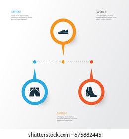 Clothes Icons Set. Collection Of Trunks Cloth, Sneakers, Female Winter Shoes And Other Elements. Also Includes Symbols Such As Shoes, Cloth, Shorts.