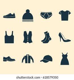 Clothes Icons Set. Collection Of Waistcoat, Trilby, Cardigan And Other Elements. Also Includes Symbols Such As Shoe, Cardigan, Socks.