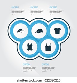 Clothes Icons Set. Collection Of Waistcoat, Elegant Headgear, Singlet And Other Elements. Also Includes Symbols Such As Sleeveless, Headgear, Singlet.