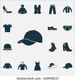 Clothes Icons Set. Collection Of Waistcoat, Pants, Dress And Other Elements. Also Includes Symbols Such As Footwear, Female, Clothes.