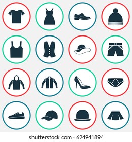 Clothes Icons Set. Collection Of Waistcoat, Stylish Apparel, Panama And Other Elements. Also Includes Symbols Such As Pompom, Fedora, Skirt.