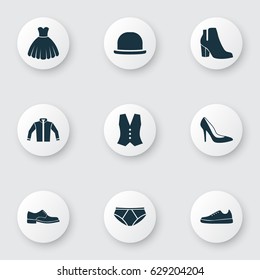 Clothes Icons Set. Collection Of Waistcoat, Sneakers, Briefs And Other Elements. Also Includes Symbols Such As Dress, Fedora, Hat.